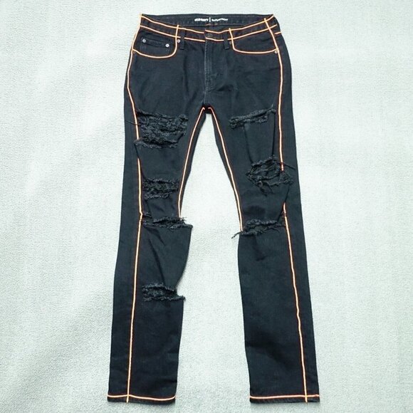 Old Navy Custom Slim Denim Jeans Men 30 X 32 Black Neon Orange Ripped - Picture 1 of 7